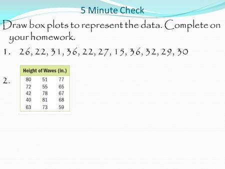 5 Minute Check Draw box plots to represent the data. Complete on your homework. 1. 26, 22, 31, 36, 22, 27, 15, 36, 32, 29, 30 2.