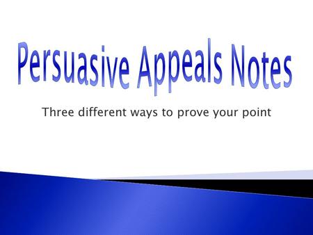 Three different ways to prove your point. Logical Appeals (logos)- convincing reasons and the logical evidence that supports those reasons  Facts  Statistics.