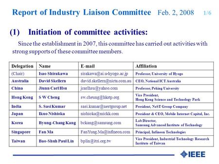 Report of Industry Liaison Committee Feb. 2, 2008 1/6 (1) Initiation of committee activities: Since the establishment in 2007, this committee has carried.