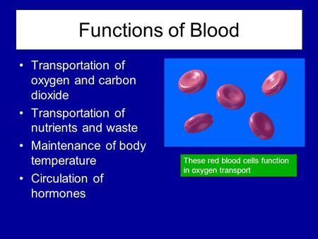 Functions of Blood Transportation of oxygen and carbon dioxide Transportation of nutrients and waste Maintenance of body temperature Circulation of hormones.