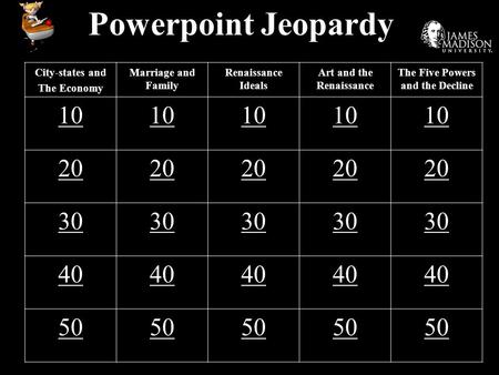 Powerpoint Jeopardy City-states and The Economy Marriage and Family Renaissance Ideals Art and the Renaissance The Five Powers and the Decline 10 20 30.