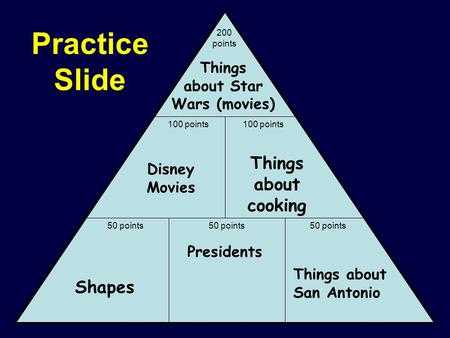 50 points 100 points 200 points Shapes Things about cooking Things about San Antonio Disney Movies Presidents Things about Star Wars (movies) Practice.