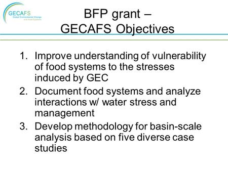 BFP grant – GECAFS Objectives 1.Improve understanding of vulnerability of food systems to the stresses induced by GEC 2.Document food systems and analyze.