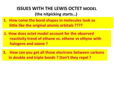 ISSUES WITH THE LEWIS OCTET MODEL (the nitpicking starts…) 2. How does octet model account for the observed reactivity trend of ethane vs. ethene vs ethyne.