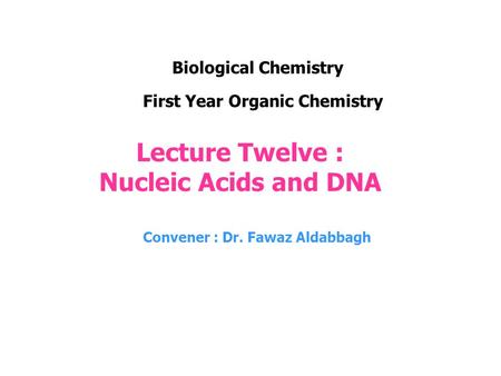 Lecture Twelve : Nucleic Acids and DNA Convener : Dr. Fawaz Aldabbagh First Year Organic Chemistry Biological Chemistry.