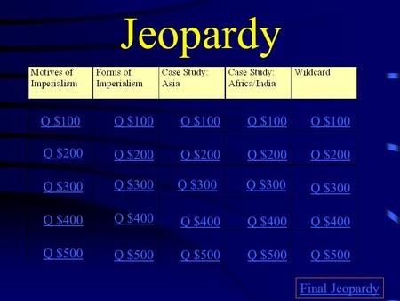 Jeopardy Q $100 Q $200 Q $300 Q $400 Q $500 Q $100 Q $200 Q $300 Q $400 Q $500 Final Jeopardy.