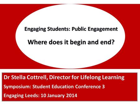 Dr Stella Cottrell, Director for Lifelong Learning Symposium: Student Education Conference 3 Engaging Leeds: 10 January 2014.