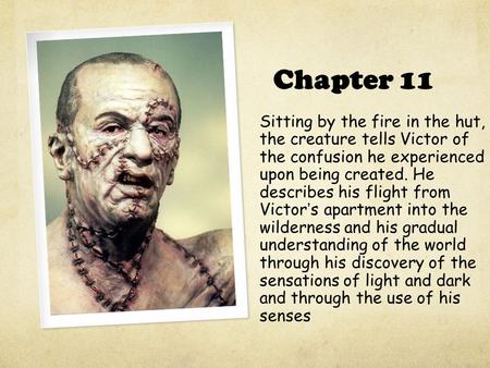 Chapter 11 Sitting by the fire in the hut, the creature tells Victor of the confusion he experienced upon being created. He describes his flight from Victor’s.