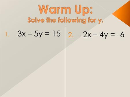 1. 3x – 5y = 15 2. -2x – 4y = -6.  How do I graph a line once in Slope- Intercept Form?