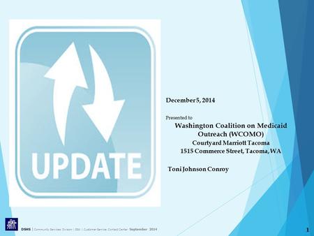 1 DSHS | Community Services Division | ESA | Customer Service Contact Center September 2014 Toni Johnson Conroy December 5, 2014 Presented to Washington.