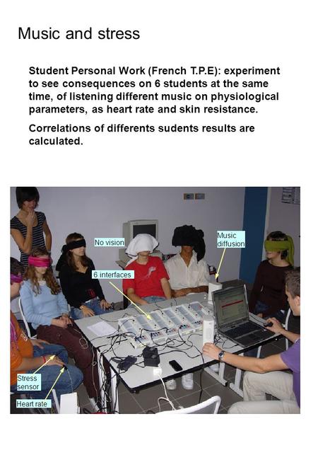 Music and stress Student Personal Work (French T.P.E): experiment to see consequences on 6 students at the same time, of listening different music on physiological.