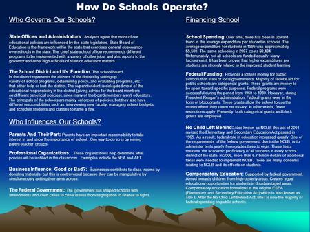 How Do Schools Operate? Who Governs Our Schools? State Offices and Administrators: Analysts agree that most of our educational policies are influenced.