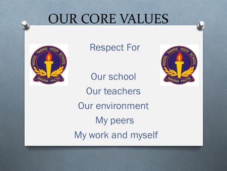 OUR CORE VALUES Respect For Our school Our teachers Our environment My peers My work and myself.