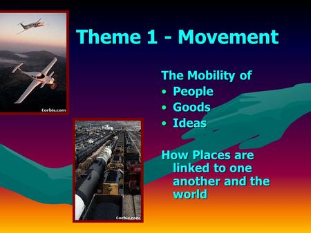 Theme 1 - Movement The Mobility of People Goods Ideas How Places are linked to one another and the world.