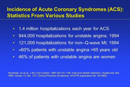 Incidence of Acute Coronary Syndromes (ACS): Statistics From Various Studies 1.4 million hospitalizations each year for ACS 944,000 hospitalizations for.