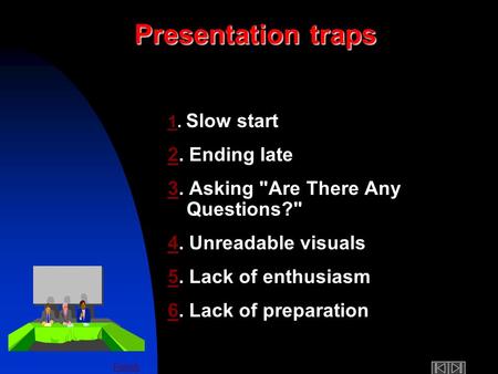 French 11. Slow start 22. Ending late 33. Asking Are There Any Questions? 44. Unreadable visuals 55. Lack of enthusiasm 66. Lack of preparation Presentation.