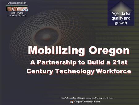 Vice Chancellor of Engineering and Computer Science Oregon University System Mobilizing Oregon A Partnership to Build a 21st Century Technology Workforce.