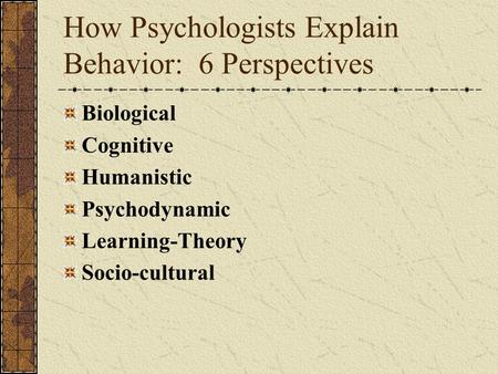 How Psychologists Explain Behavior: 6 Perspectives Biological Cognitive Humanistic Psychodynamic Learning-Theory Socio-cultural.