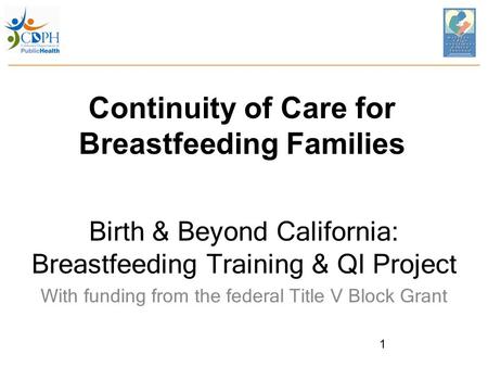 Continuity of Care for Breastfeeding Families Birth & Beyond California: Breastfeeding Training & QI Project With funding from the federal Title V Block.