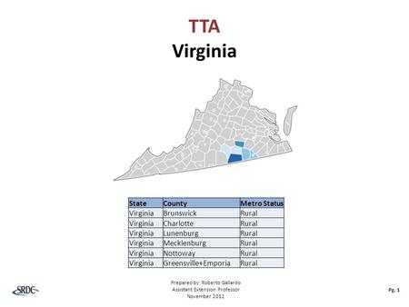 TTA Virginia Pg. 1 Prepared by: Roberto Gallardo Assistant Extension Professor November 2012 StateCountyMetro Status VirginiaBrunswickRural VirginiaCharlotteRural.