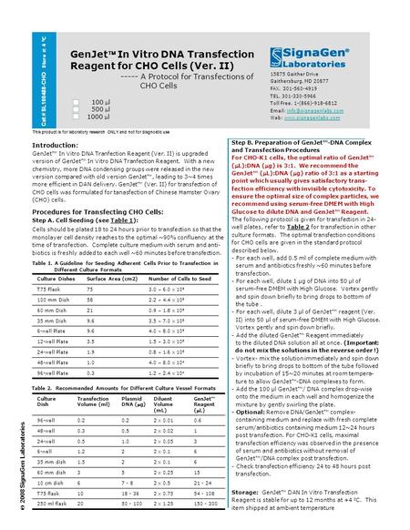 Cat # SL100488-CHO Store at 4 0 C GenJet In Vitro DNA Transfection Reagent for CHO Cells (Ver. II) ----- A Protocol for Transfections of CHO Cells 100.