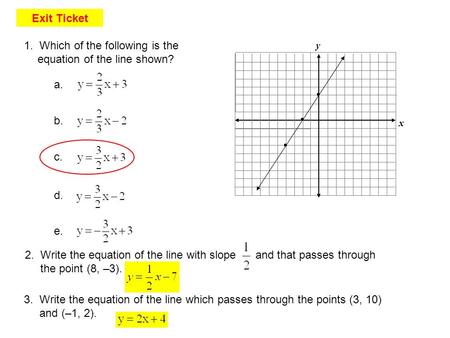 X y    1. Which of the following is the equation of the line shown? a. b. c. d. e. 3. Write the equation of the line which passes through the points.