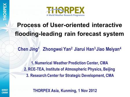 Process of User-oriented interactive flooding-leading rain forecast system Chen Jing 1 Zhongwei Yan 2 Jiarui Han 3 Jiao Meiyan 4 1. Numerical Weather Prediction.