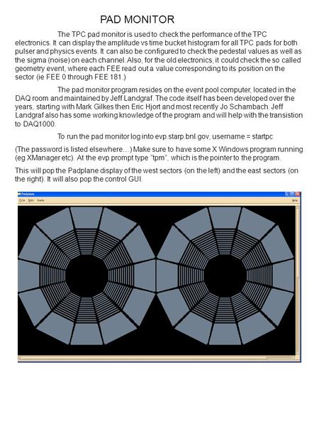 PAD MONITOR The TPC pad monitor is used to check the performance of the TPC electronics. It can display the amplitude vs time bucket histogram for all.