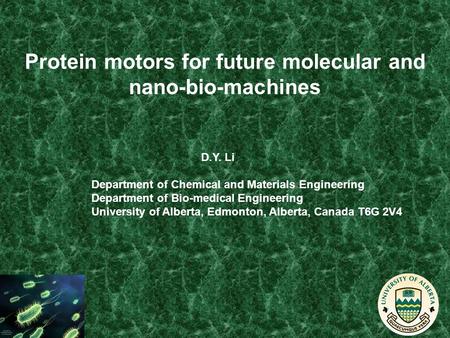 Protein motors for future molecular and nano-bio-machines D.Y. Li Department of Chemical and Materials Engineering Department of Bio-medical Engineering.