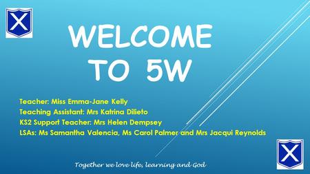 WELCOME TO 5W Teacher: Miss Emma-Jane Kelly Teaching Assistant: Mrs Katrina Dilieto KS2 Support Teacher: Mrs Helen Dempsey LSAs: Ms Samantha Valencia,