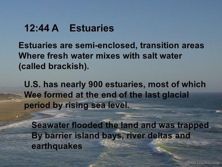 12:44 A Estuaries Estuaries are semi-enclosed, transition areas Where fresh water mixes with salt water (called brackish). U.S. has nearly 900 estuaries,