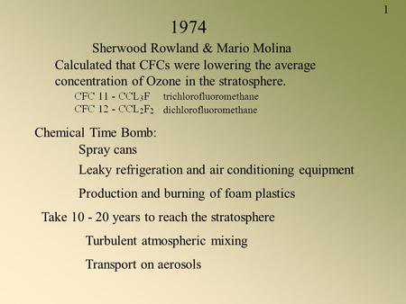 1974 Sherwood Rowland & Mario Molina Calculated that CFCs were lowering the average concentration of Ozone in the stratosphere. Chemical Time Bomb: Spray.