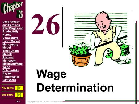 Copyright 2008 The McGraw-Hill Companies 26-1 Labor Wages and Earnings Real Wages and Productivity Purely Competitive Labor Market Monopsony Model Three.