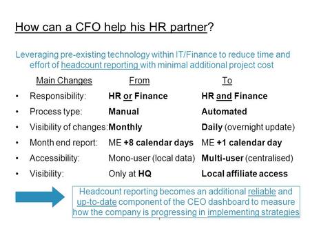 1 How can a CFO help his HR partner? Leveraging pre-existing technology within IT/Finance to reduce time and effort of headcount reporting with minimal.