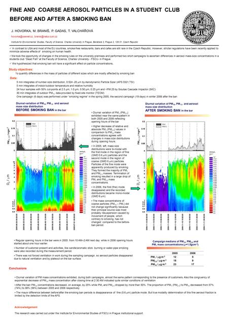 FINE AND COARSE AEROSOL PARTICLES IN A STUDENT CLUB BEFORE AND AFTER A SMOKING BAN J. HOVORKA, M. BRANIŠ, P. GADAS, T. VALCHÁŘOVÁ