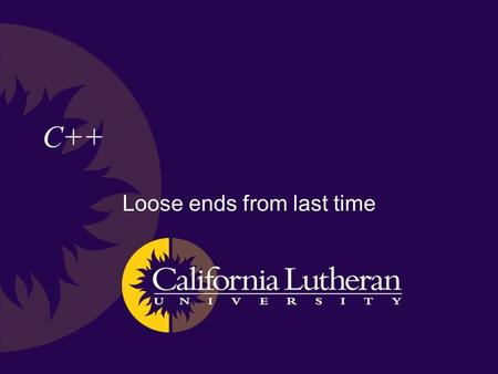 C++ Loose ends from last time. Variable initialization You can do the usual things int x; x = 10; int y = 20; And you can do an unusual thing int x(10);