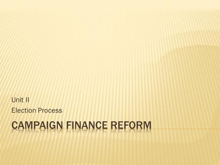 Unit II Election Process.  FEC – Federal Election Commission  BCRA – Bipartisan Campaign Reform Act  Buckley vs. Valeo  Citizens United vs. FEC 