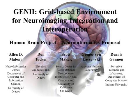 GENII: Grid-based Environment for Neuroimaging Integration and Interoperation Human Brain Project – Neuroinformatics Proposal Allen D. Malony Don Tucker.