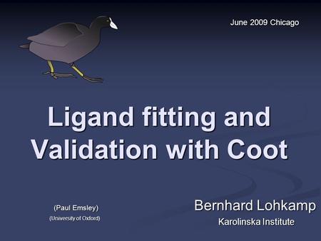 Ligand fitting and Validation with Coot Bernhard Lohkamp Karolinska Institute June 2009 Chicago (Paul Emsley) (University of Oxford)