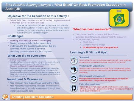 Best Practice Sharing example : ‘Viva Brazil’ On Pack Promotion Execution in Asda (UK) Objective for the Execution of this activity : Deliver ‘Best Ever’