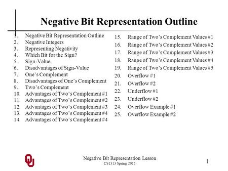 Negative Bit Representation Lesson CS1313 Spring 2015 1 Negative Bit Representation Outline 1.Negative Bit Representation Outline 2.Negative Integers 3.Representing.