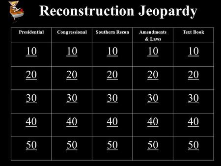 Reconstruction Jeopardy PresidentialCongressionalSouthern ReconAmendments & Laws Text Book 10 20 30 40 50.