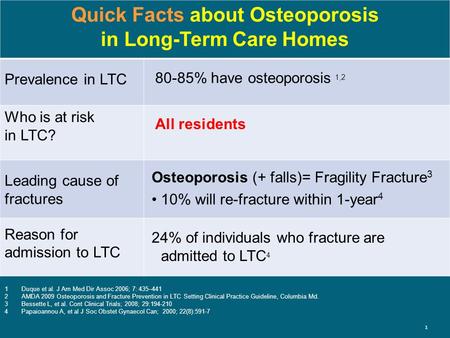 11 Quick Facts about Osteoporosis in Long-Term Care Homes Prevalence in LTC Who is at risk in LTC? Leading cause of fractures Reason for admission to LTC.