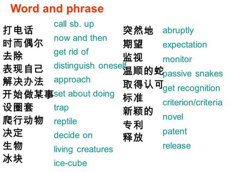 打电话 时而偶尔 去除 表现自己 解决办法 开始做某事 设圈套 爬行动物 决定 生物 冰块 突然地 期望 监视 温顺的蛇 取得认可 标准 新颖的 专利 释放 Word and phrase call sb. up now and then get rid of distinguish oneself.