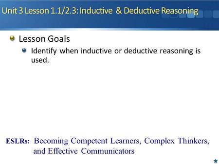 Lesson Goals Identify when inductive or deductive reasoning is used. ESLRs: Becoming Competent Learners, Complex Thinkers, and Effective Communicators.