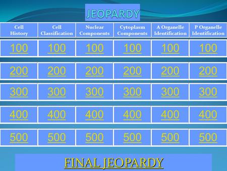 P Organelle Identification A Organelle Identification Cytoplasm Components Nuclear Components Cell Classification Cell History 100 200 300 400 500 FINAL.