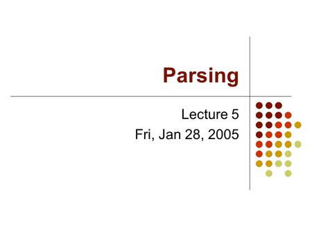 Parsing Lecture 5 Fri, Jan 28, 2005. Syntax Analysis The syntax of a language is described by a context-free grammar. Each grammar rule has the form A.