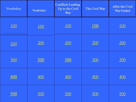 200 300 400 500 200 300 400 500 100 200 300 400 500 100 200 300 400 500 100 200 300 400 500 100 Vocabulary Conflicts Leading Up to the Civil War The Civil.