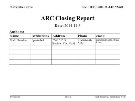 November 2014doc.: IEEE 802.11-14/1524r0 SubmissionMark Hamilton, Spectralink, Corp.Slide 1 ARC Closing Report Date: 2014-11-5 Authors: