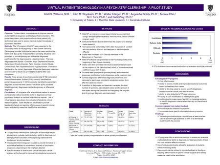 VIRTUAL PATIENT TECHNOLOGY IN A PSYCHIATRY CLERKSHIP - A PILOT STUDY Kristi S. Williams, M.D. 1, John M. Wryobeck, Ph.D. 1, Walter Edinger, Ph.D. 1, Angele.